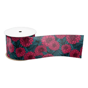 Ruban En Satin Jardin de Dahlia Rouge/feuilles bleus