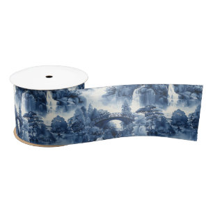 Ruban En Satin Jardin d'eau japonais en porcelaine blanche bleue