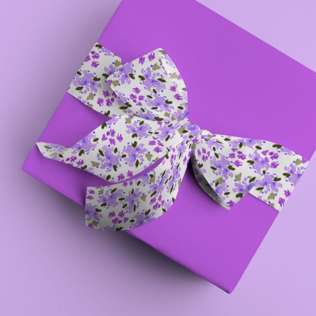 Ruban En Satin Jardin Floral Aquarelle Violet (Purple floral garden watercolor grosgrain or satin ribbon.)