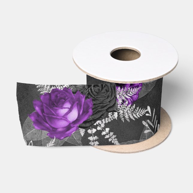 Ruban En Satin Jardin noir des Feuilles d'argent des Roses violet (Bobine)