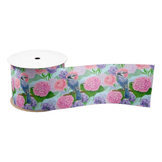Ruban En Satin Jay bleu et fleurs motif aquarelle (Bobine)