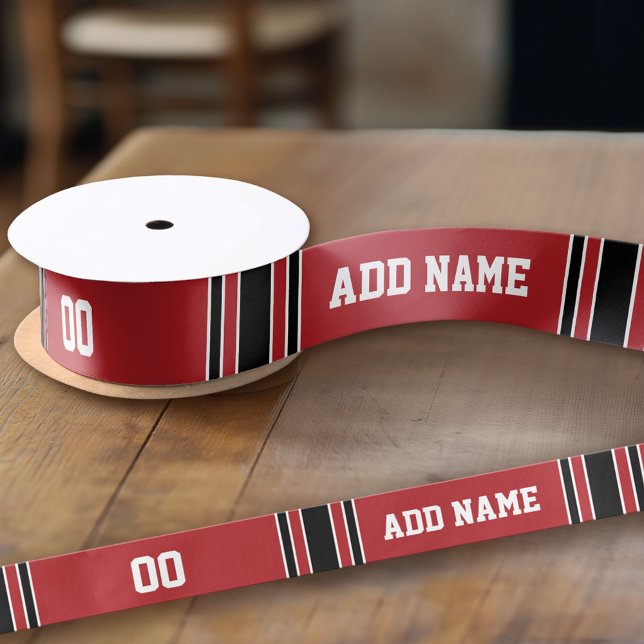Ruban En Satin Jersey sport rouge et noir Personnalisé (Custom Ribbon - add your personalized text)
