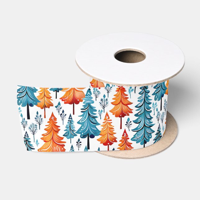 Ruban En Satin Joli Aquarelle Arbres de Noël (Bobine)