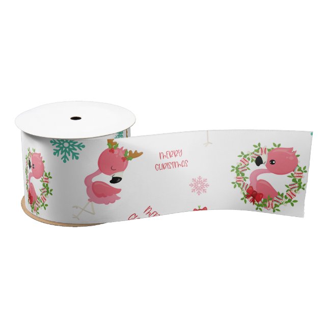 Ruban En Satin Joli Flamant rose de Noël Snowflake (Bobine)