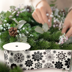 Ruban En Satin Joli jeu moderne noir et blanc motif floral