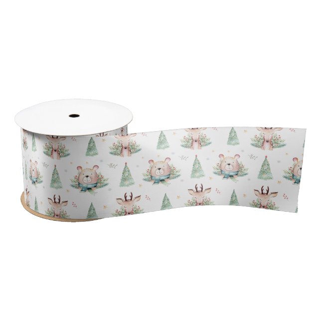 Ruban En Satin Joli Noël Arbres de Noël Bois Ours & Cerfs (Bobine)