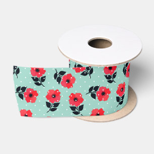 Ruban En Satin Joli Rouge/Turquoise Floral Motif
