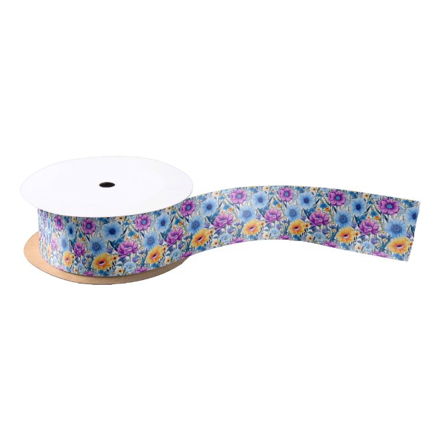 Ruban En Satin Jolie Fleur Retro Violet, Jaune et Bleu  (Bobine)
