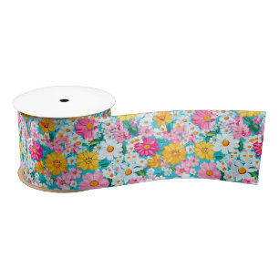 Ruban En Satin Jolie florale rétro rose et bleu 