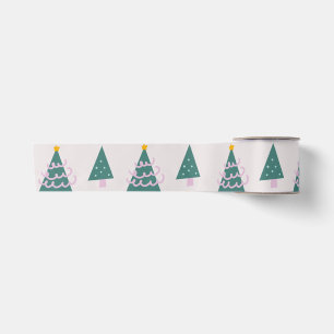 Ruban En Satin Jolies arbres Doodles rose vert