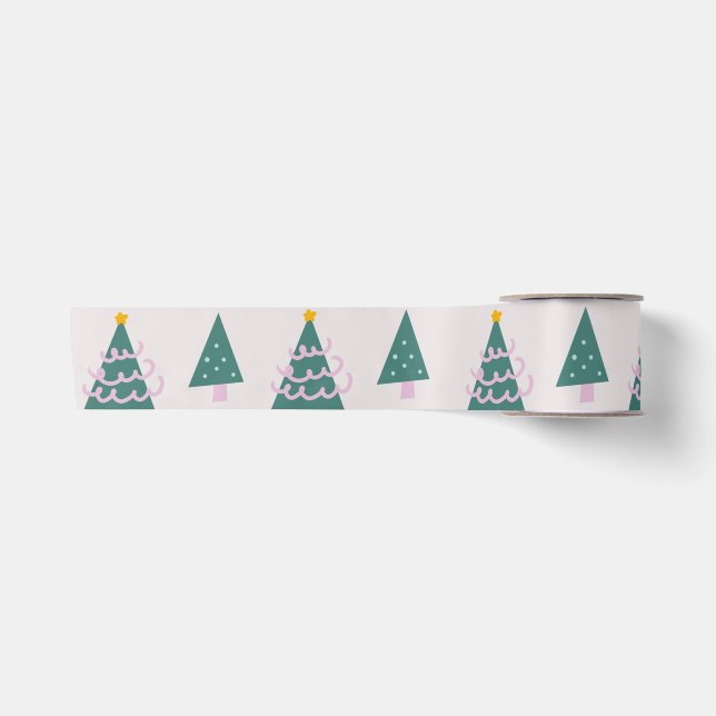 Ruban En Satin Jolies arbres Doodles rose vert (Devant)