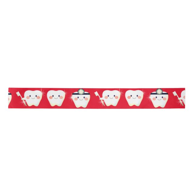 Ruban En Satin Joyeuses dents blanches sur le rouge (Devant)