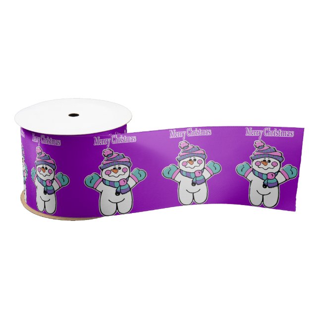 Ruban En Satin Joyeuses Fêtes, Snowman Joyeux Noël pourpre (Bobine)