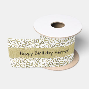Ruban En Satin Joyeux Anniversaire 70 Motif Numérique Or/Blanc