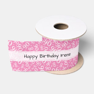 Ruban En Satin Joyeux Anniversaire 90 Motif Numérique Rose/Blanc