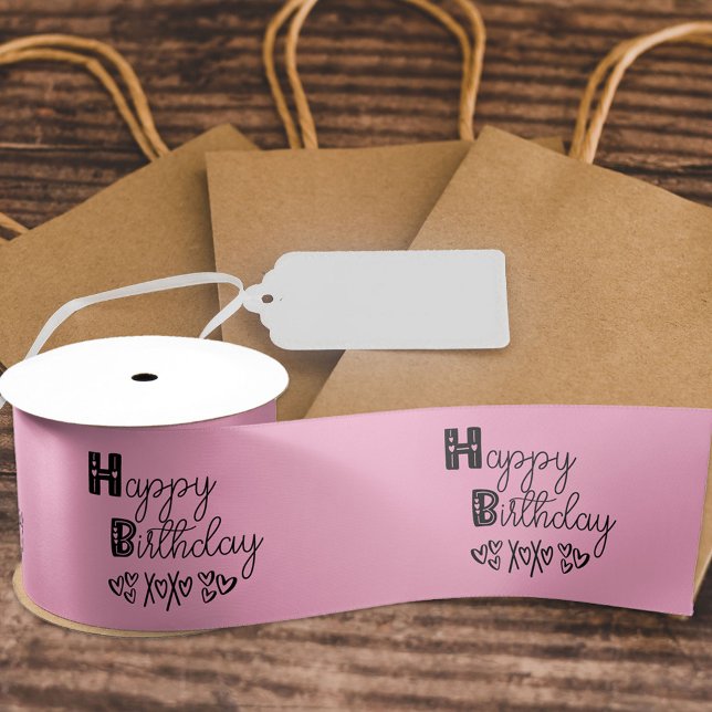 Ruban En Satin Joyeux Anniversaire mignon Typographie Doodle Rose (Créateur téléchargé)