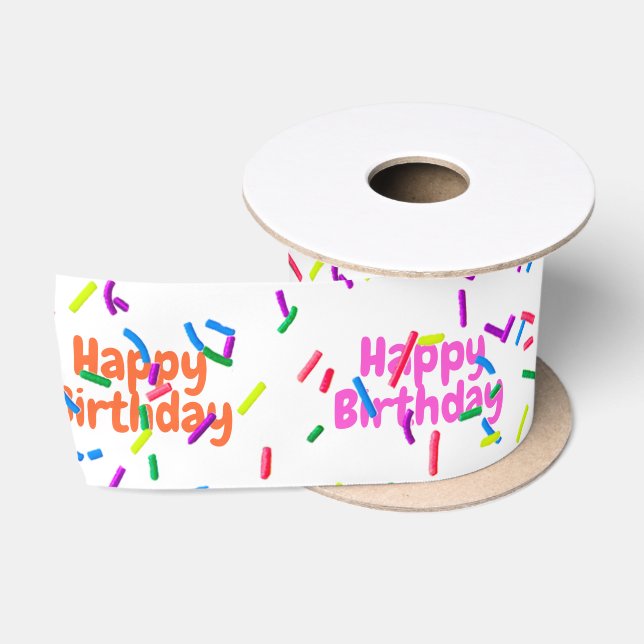 Ruban En Satin Joyeux Anniversaire Saupoudré Sur Blanc (Bobine)