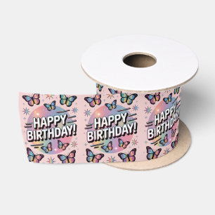 Ruban En Satin Joyeux design d'anniversaire avec des papillons co