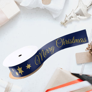 Ruban En Satin Joyeux Noël élégant avec des étoiles bleues