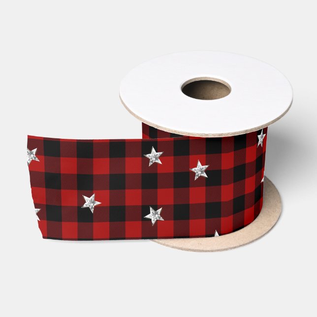 Ruban En Satin Joyeux Noël et étoiles sur Buffalo Plaid (Bobine)