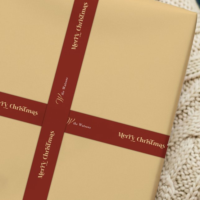 Ruban En Satin Joyeux Noël Retro tendance Nom personnalisé Rouge (Retro style Merry Christmas red and beige satin ribbon with your custom name)