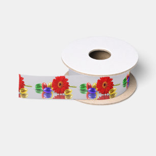 Ruban En Satin Joyeux Oeufs de Pâques colorés avec Gerbera