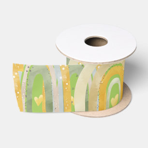Ruban En Satin Joyeux Rainbows Coeurs Jaune Vert
