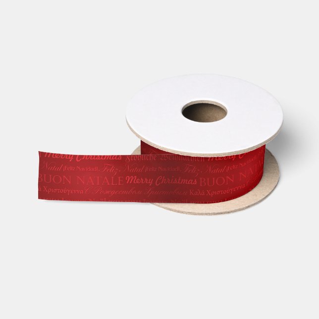 Ruban En Satin Joyeux voeux de Noël multilangues Rouge (Bobine)
