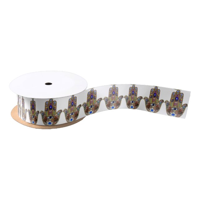 Ruban En Satin Judaica Hamsa Coeurs Fleurs Opal Art Imprimer (Bobine)