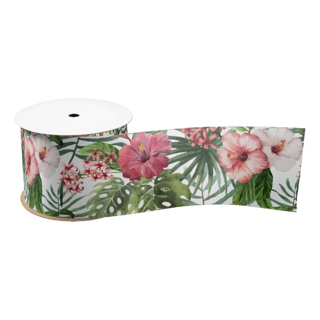 Ruban En Satin La ketmie tropicale fleurit le motif de feuillage (Bobine)
