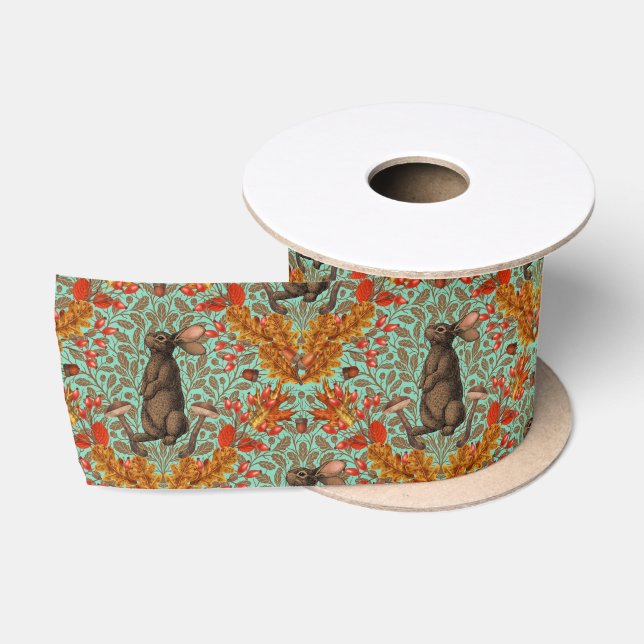 Ruban En Satin Lapin d'automne sur vert clair (Bobine)