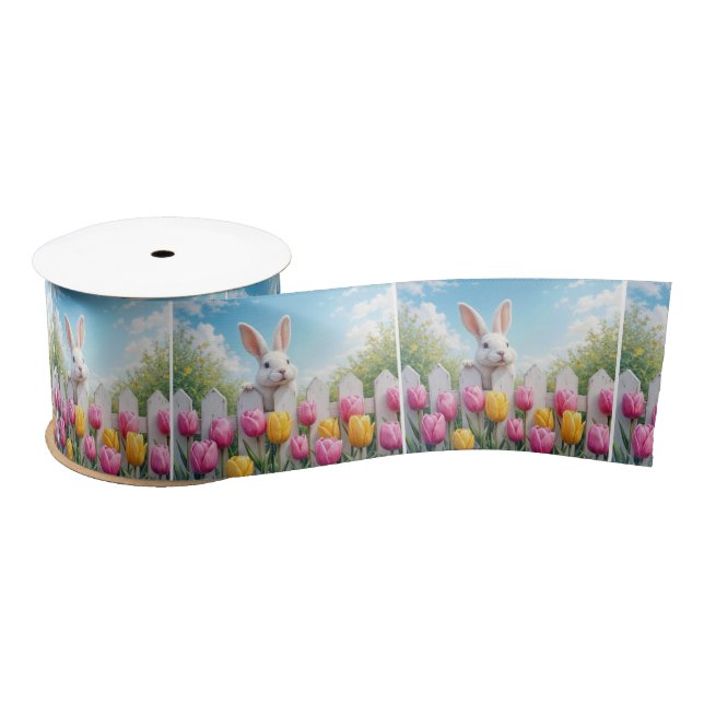 Ruban En Satin Lapin de Pâques blanc dans un jardin de tulipes (Bobine)
