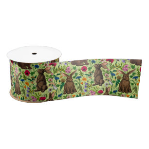 Ruban En Satin Lapins et fleurs sauvages sur le vert miel