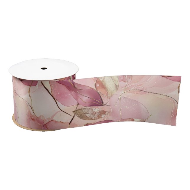 Ruban En Satin Lavande Rose Feuilles Dorées Baby Shower (Bobine)