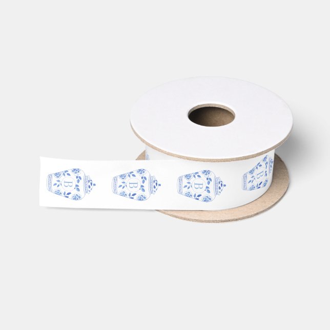 RUBAN EN SATIN LETTRE CHINOISE BLEUVE ET BLANCHE (Bobine)