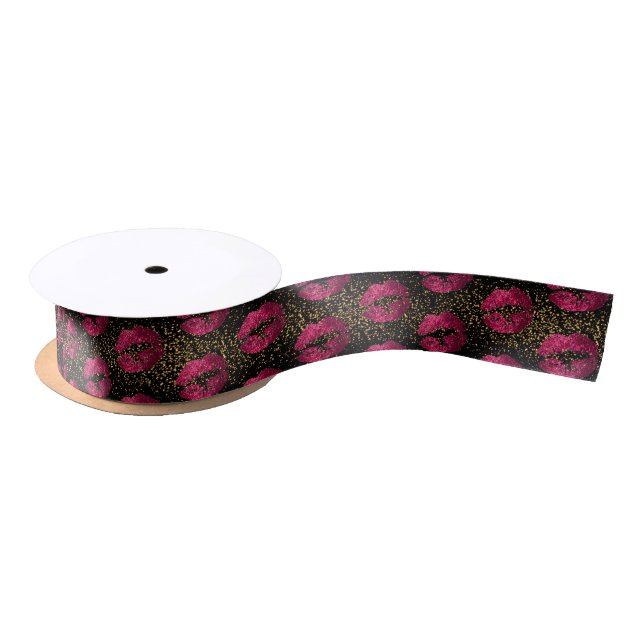 Ruban En Satin Lèvres roses chaudes sur Parties scintillant or et (Bobine)