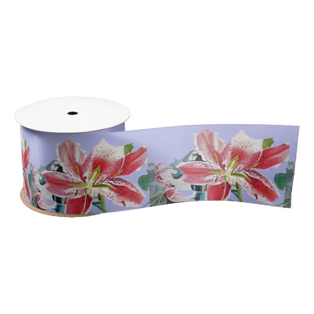 Ruban En Satin Lily Aquarelle Rouge Floral Oriental Lilas Violet (Bobine)