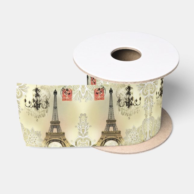Ruban En Satin Lustre en dentelle beige Paris Tour Eiffel (Bobine)