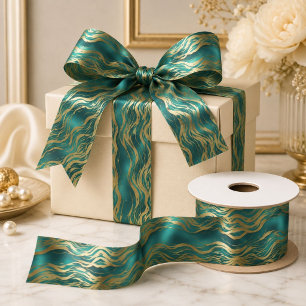 Ruban En Satin Luxueux beige doré tourbillon turquoise sarcelle b