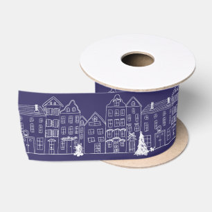 Ruban En Satin Maisons de village européen à Noël Blanc/Bleu