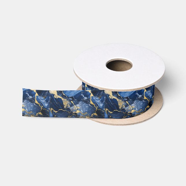 Ruban En Satin Marbre bleu or marine (Bobine)