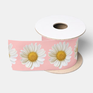 Ruban En Satin Marguerites blanches sur rose