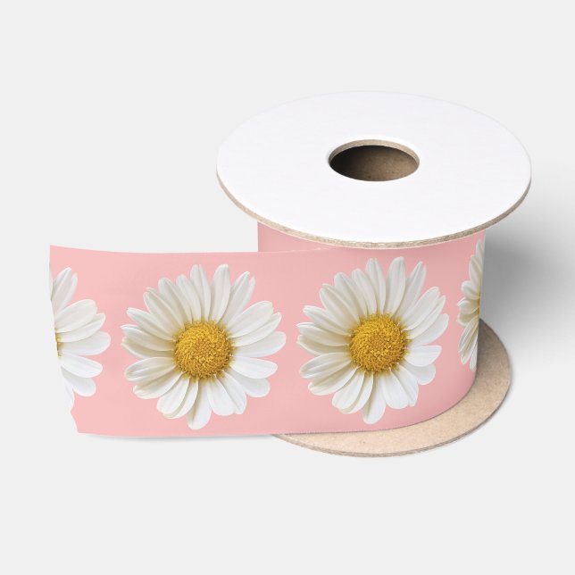 Ruban En Satin Marguerites blanches sur rose (Bobine)