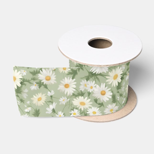 Ruban En Satin Marguerites blanches sur vert (Bobine)