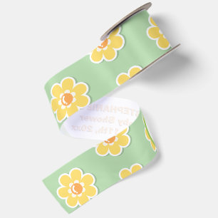Ruban En Satin Marguerites de printemps sur vert sauge pastel