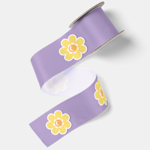 Ruban En Satin Marguerites printanières sur fond violet pastel