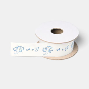 Ruban En Satin Mariage Bleu Nuit au Dessin Main Fantaisiste