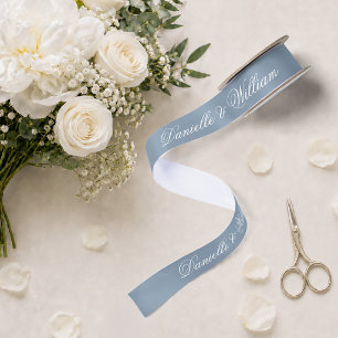 Ruban En Satin Mariage Bleu Poussiéreux Écriture Élégante Calligr