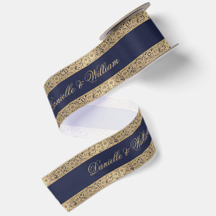 Ruban En Satin Mariage calligraphié de roses dorées vintage bleu