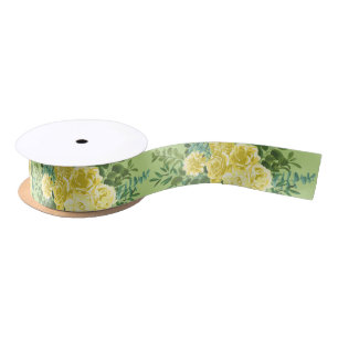 Ruban En Satin Mariage floral jaune clair et vert pâle